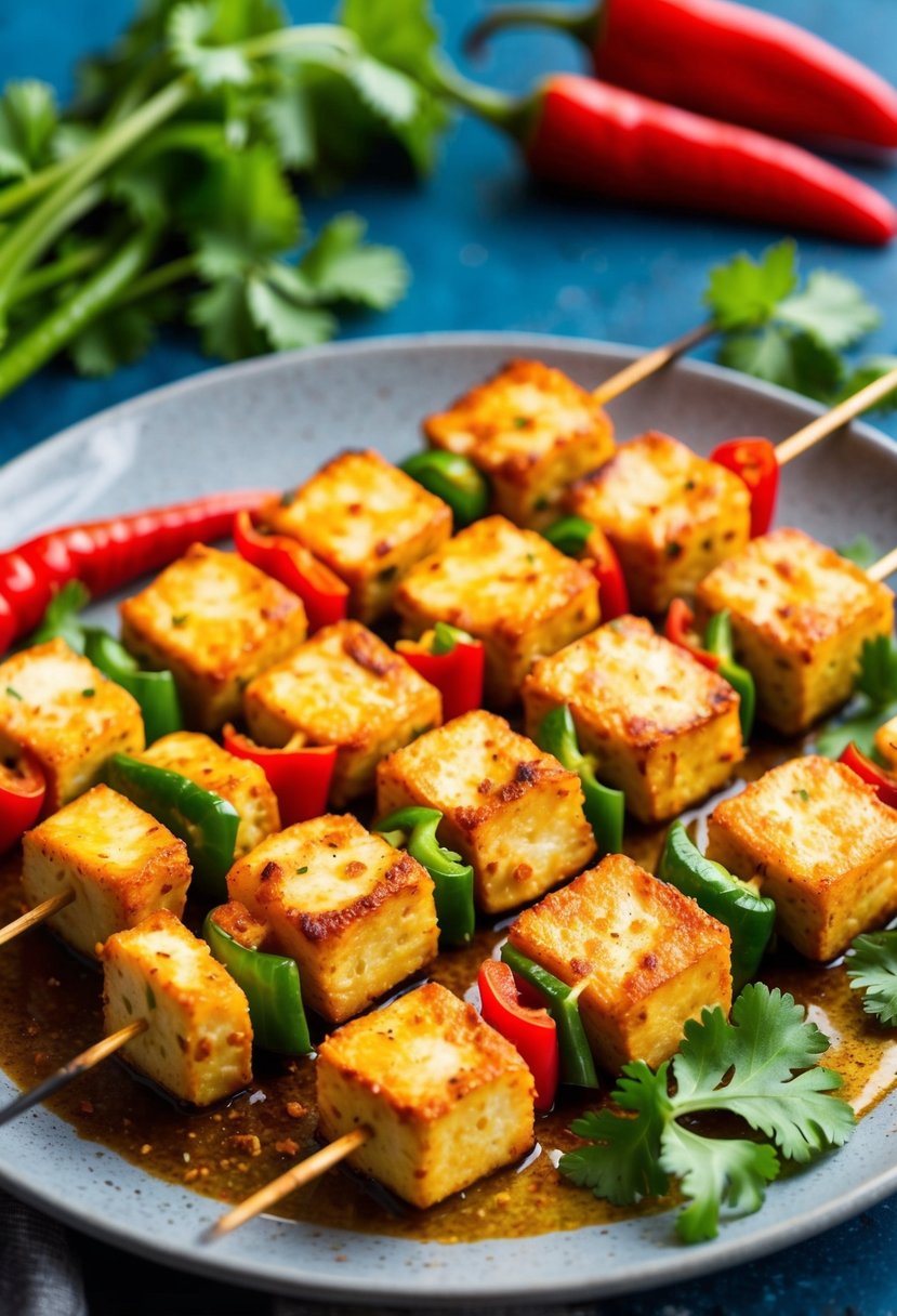 A sizzling hot plate of golden-brown Paneer Tikka skewers, surrounded by vibrant green cilantro and bright red chili peppers