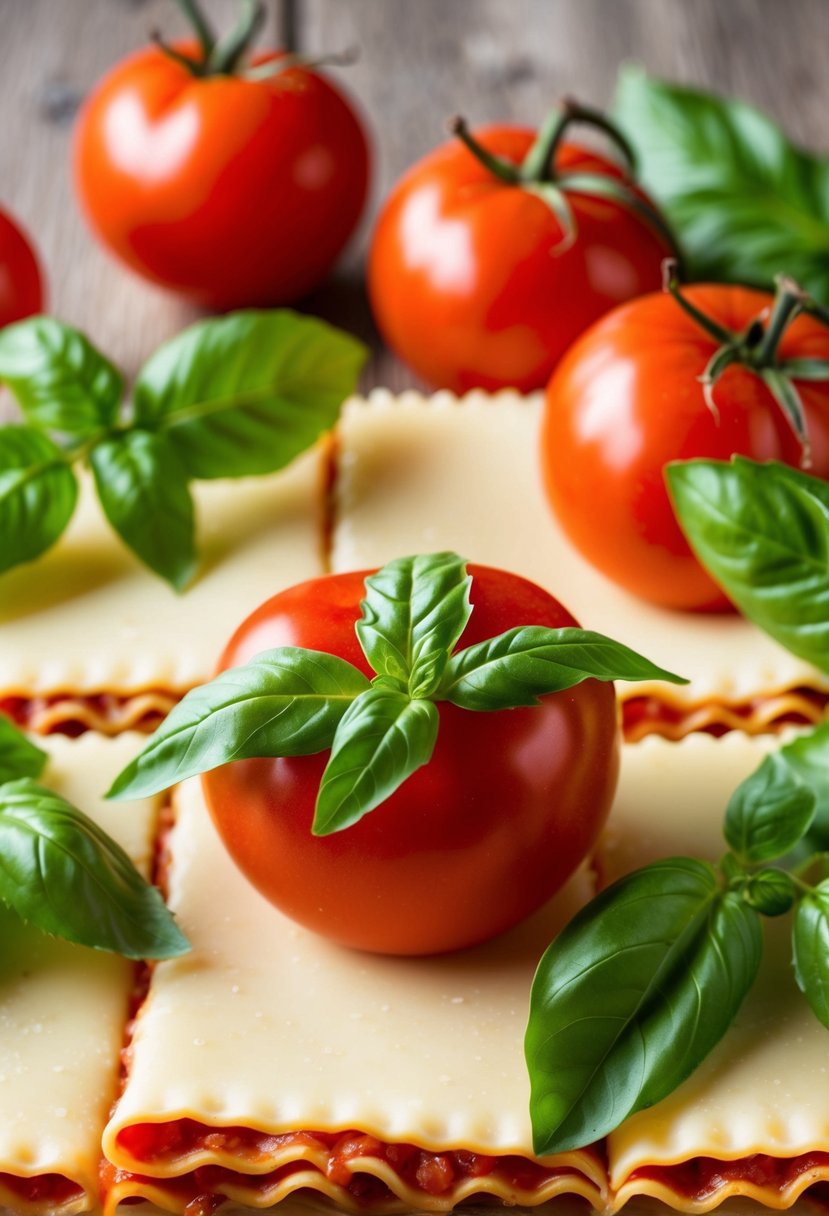 Fresh basil leaves and ripe tomatoes arranged on lasagna sheets