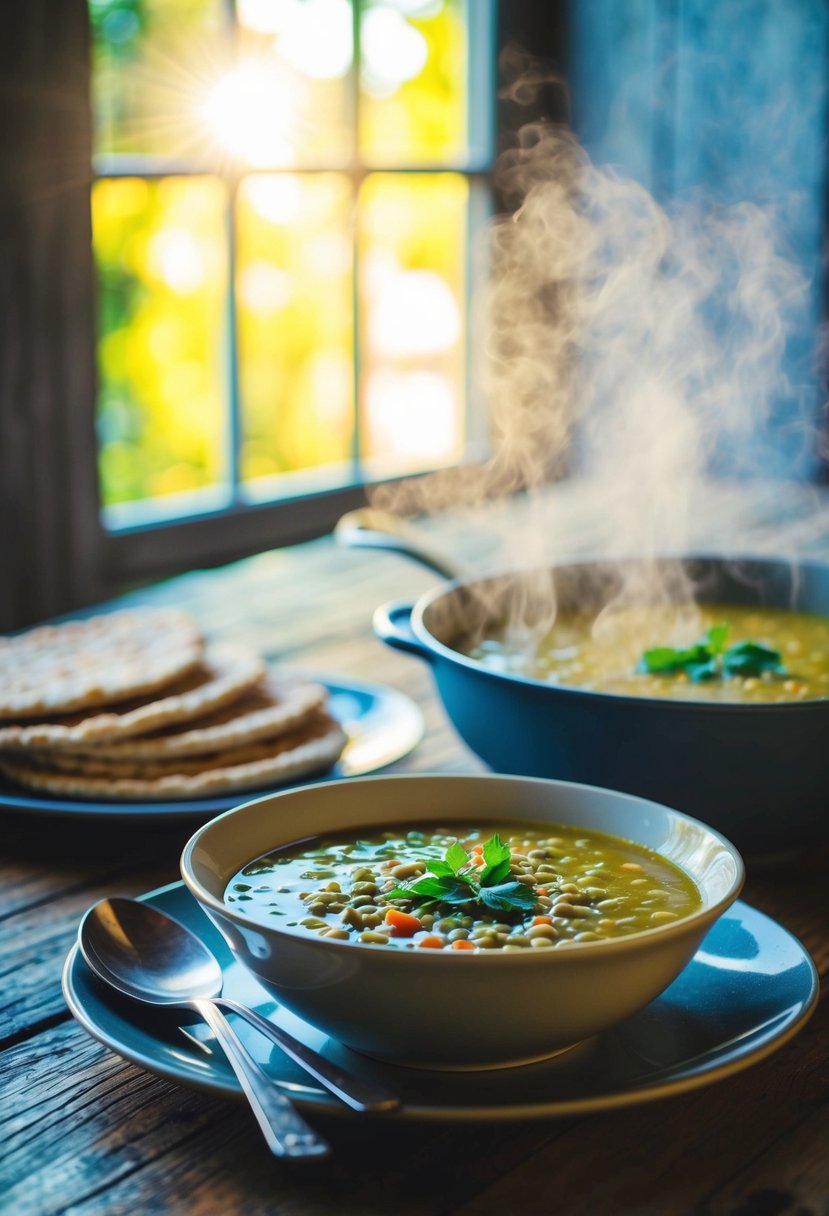 A steaming bowl of lentil soup sits next to a whole grain pita on a rustic wooden table. Sunlight streams in through a nearby window, casting a warm glow over the simple vegetarian meal