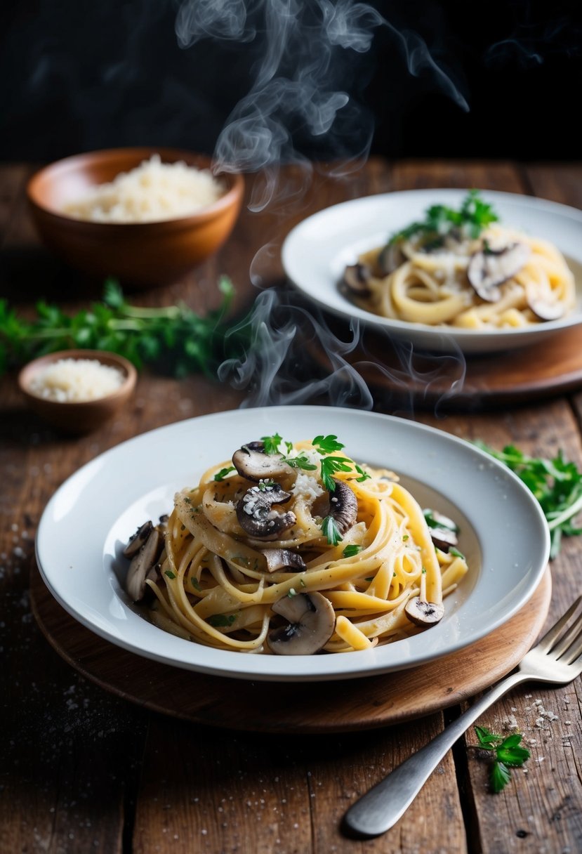 A steaming plate of rich mushroom linguine, adorned with fresh herbs and grated cheese, sits on a rustic wooden table