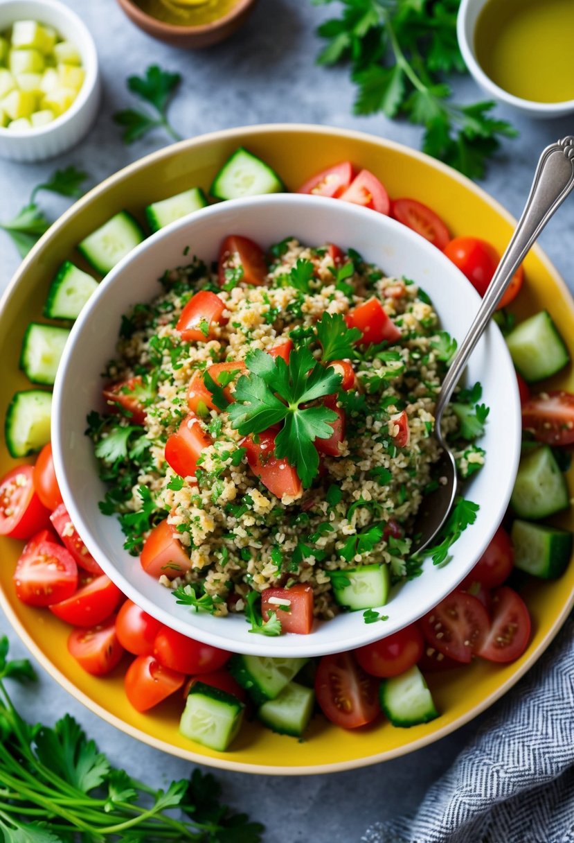 A colorful bowl of tabbouleh salad surrounded by fresh parsley, diced tomatoes, chopped cucumbers, and a drizzle of olive oil