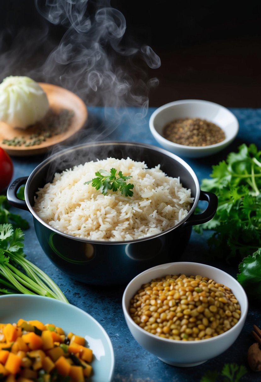 A steaming pot of rice and a bowl of lentils, surrounded by fresh vegetables and aromatic spices