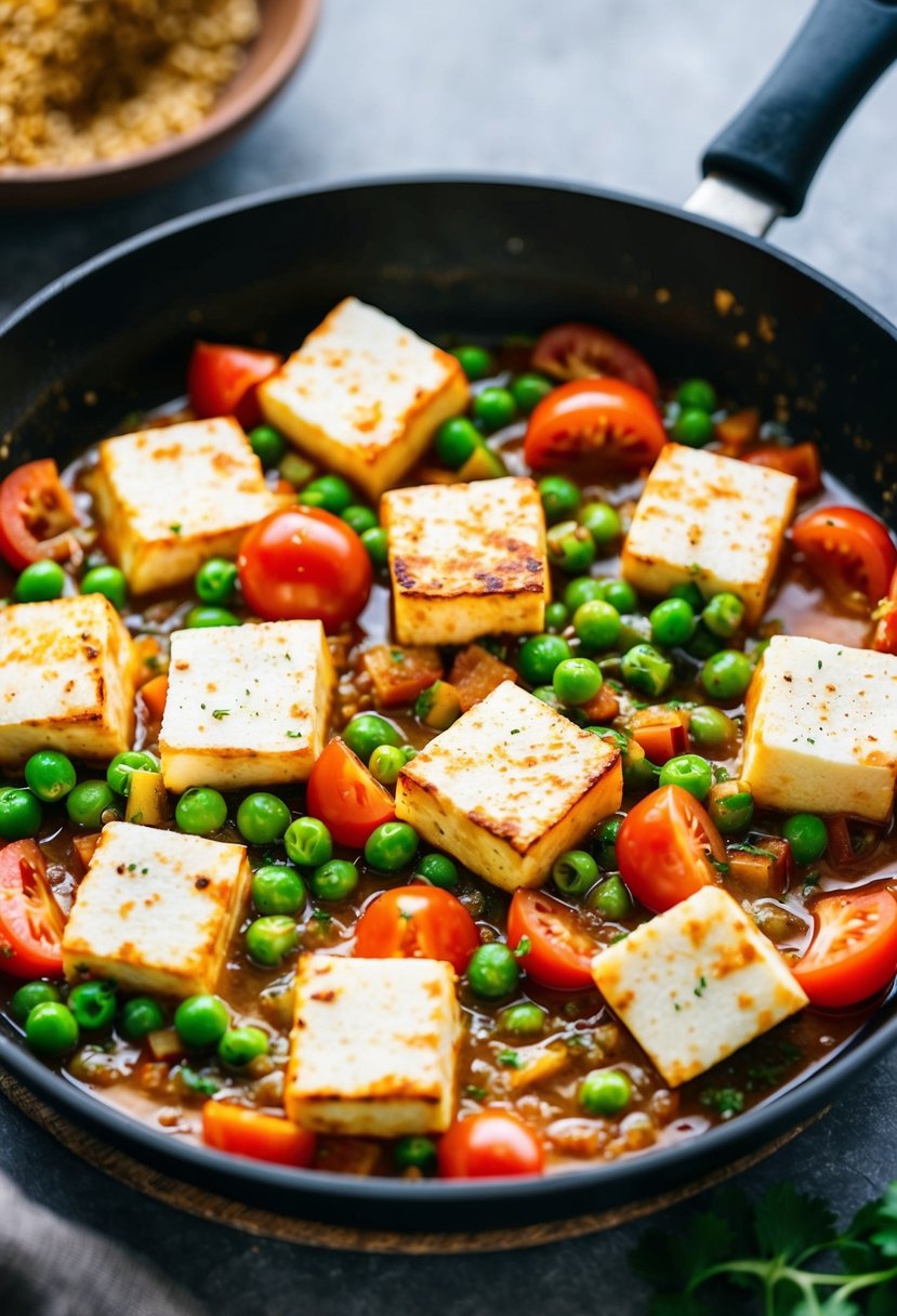 A sizzling skillet holds chunks of paneer, tomatoes, and vibrant green peas, simmering in a fragrant blend of spices