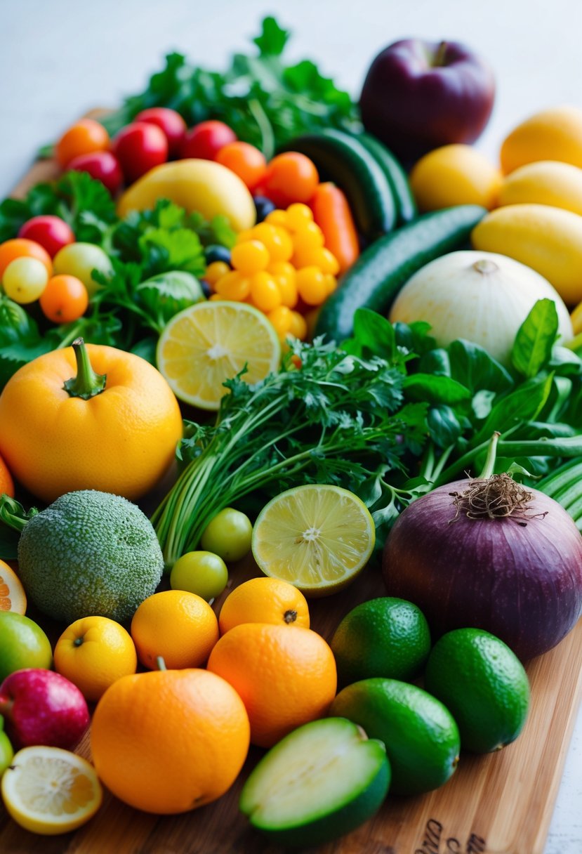 A colorful array of fresh fruits, vegetables, and plant-based ingredients arranged on a wooden cutting board