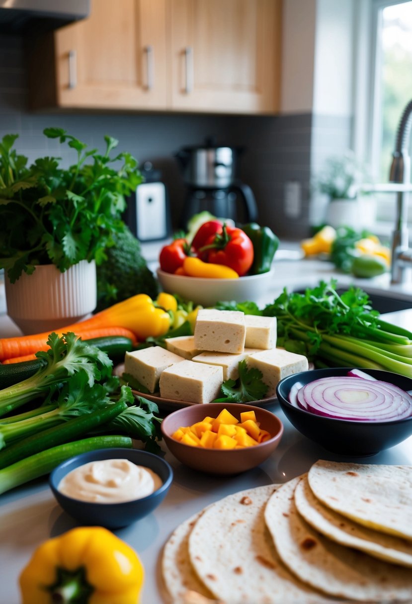 A kitchen counter with a variety of fresh vegetables, tofu, and tortillas laid out for making vegan breakfast burritos