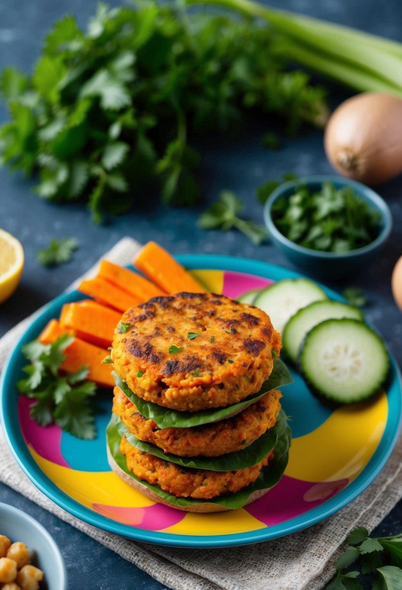 A colorful plate with vegan sweet potato chickpea burgers, surrounded by fresh vegetables and herbs