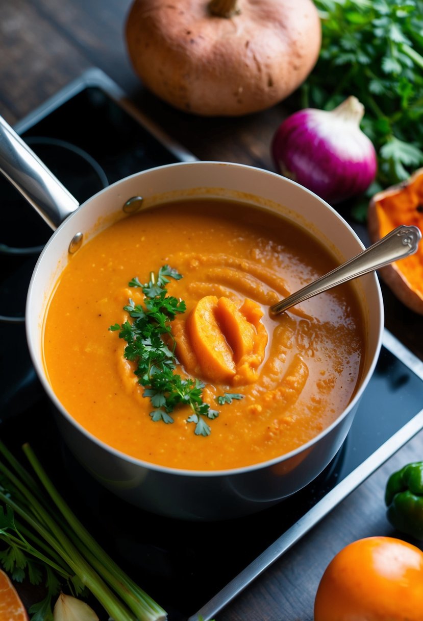 A pot of creamy sweet potato soup simmering on a stove, surrounded by fresh vegetables and herbs