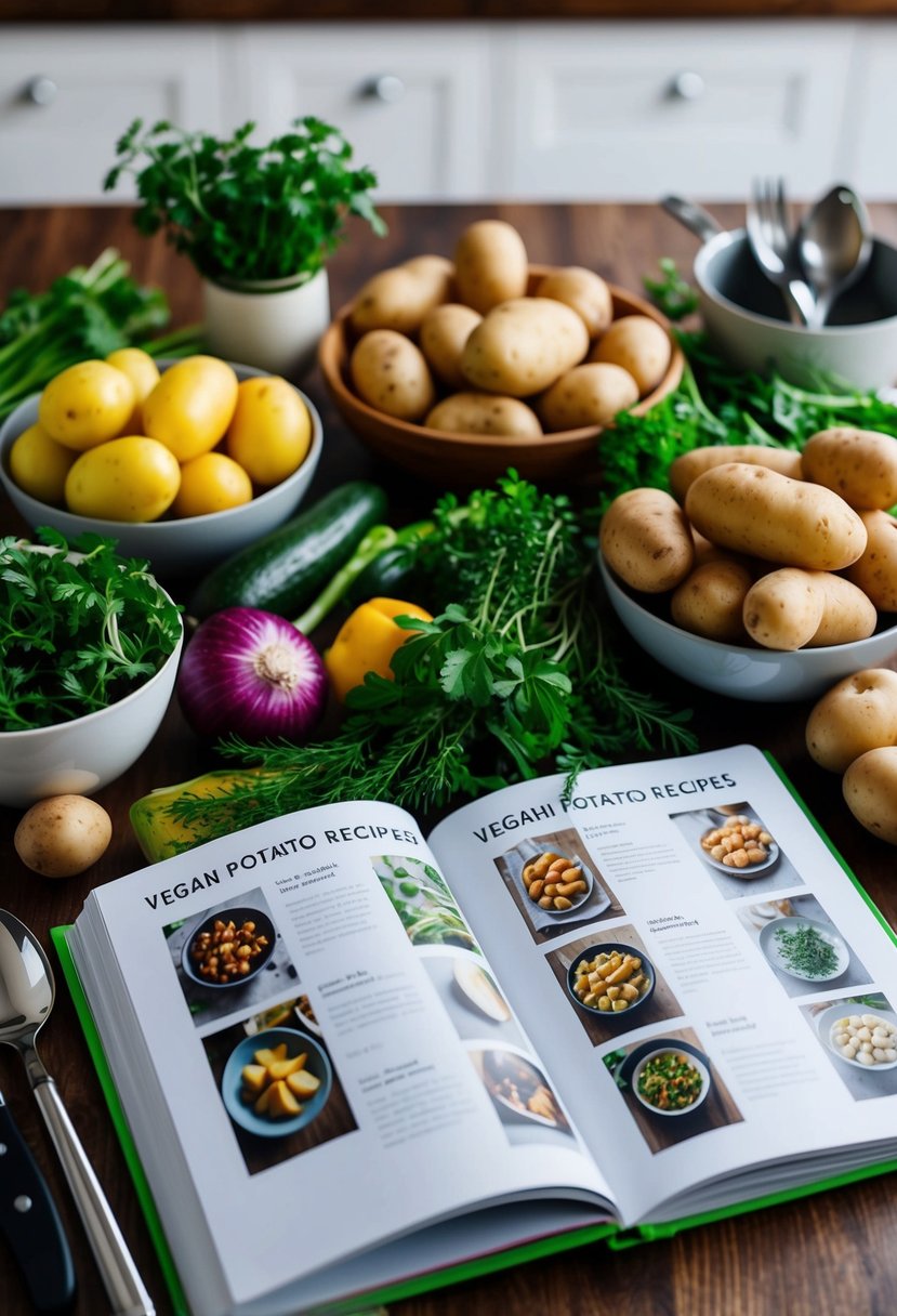 A table filled with colorful ingredients like potatoes, vegetables, and herbs, along with kitchen utensils and a cookbook open to a page of vegan potato recipes