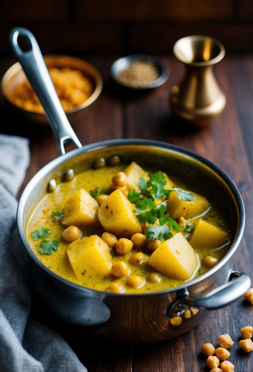 A bubbling pot of creamy curry with chunks of potato and chickpeas simmering in a fragrant blend of spices