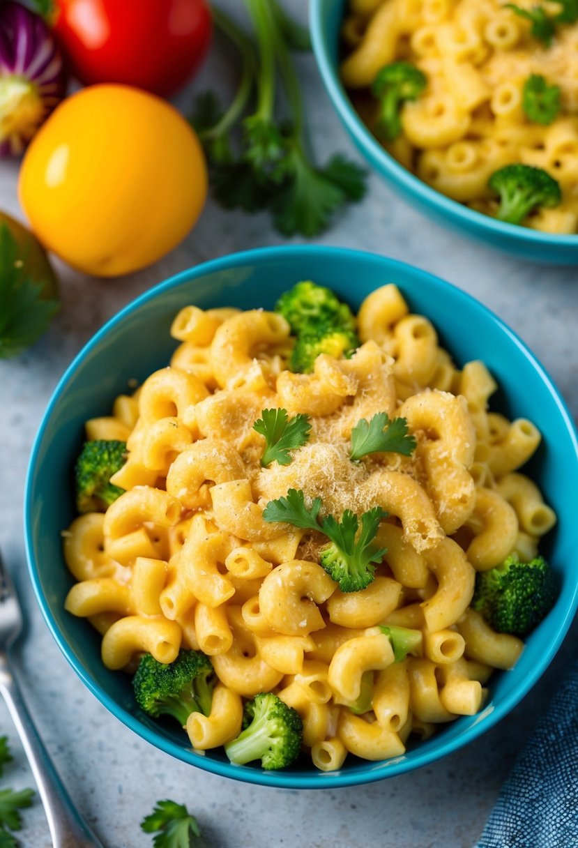 A colorful bowl of creamy vegan mac 'n cheese surrounded by fresh vegetables and a sprinkle of nutritional yeast