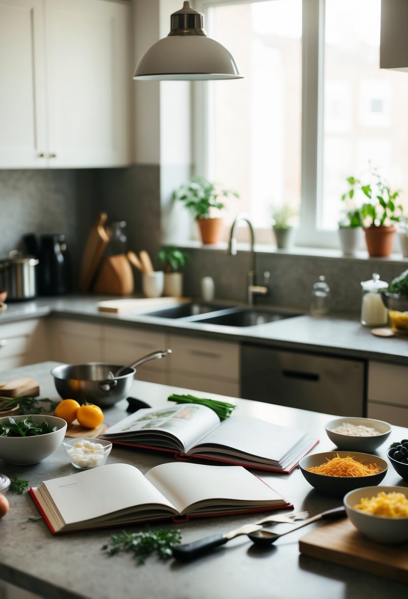 A cluttered kitchen counter with open cookbooks, scattered ingredients, and cooking utensils