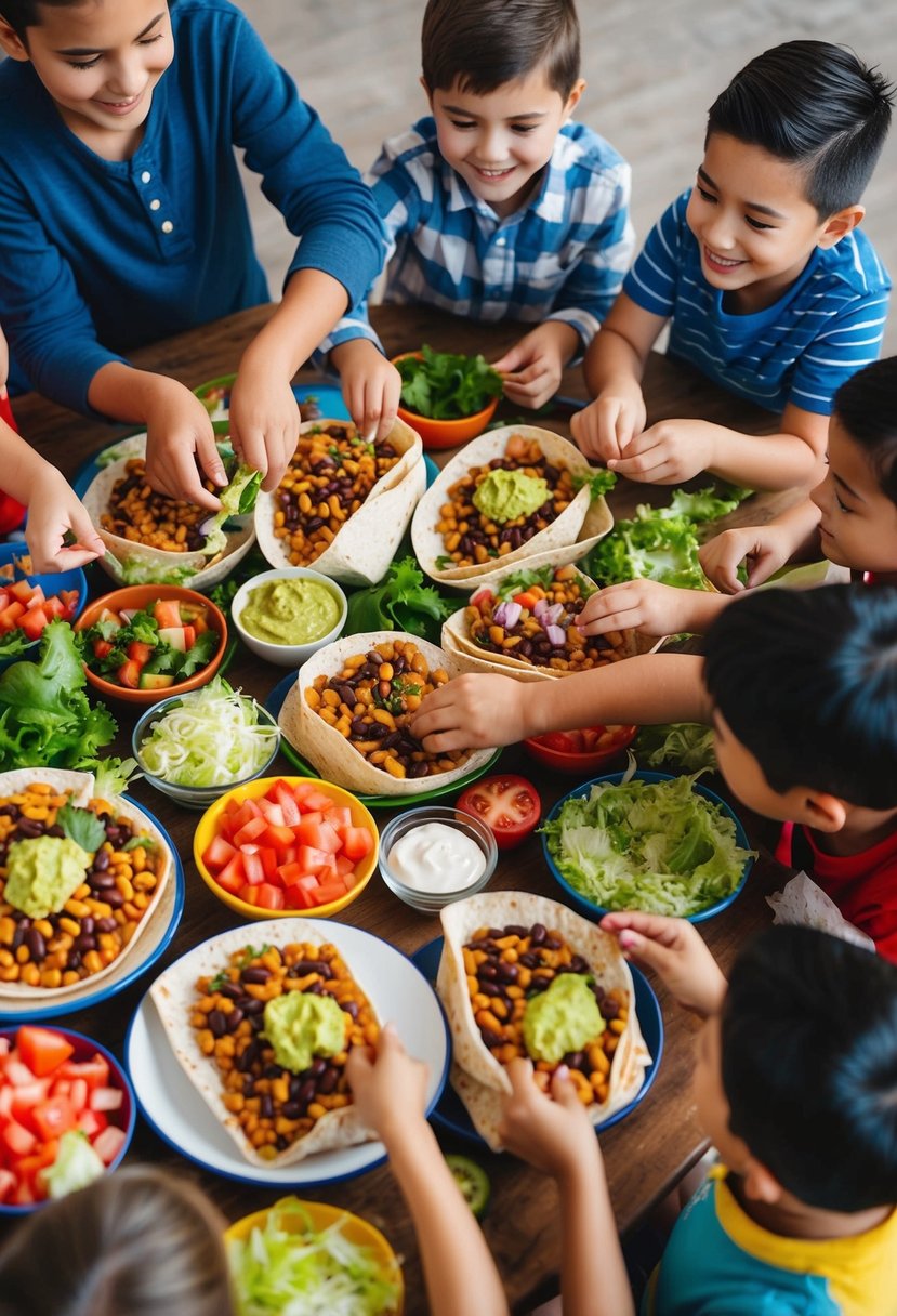 A colorful spread of bean burritos surrounded by an array of toppings like diced tomatoes, shredded lettuce, and guacamole, with a group of happy children eagerly adding their favorite toppings