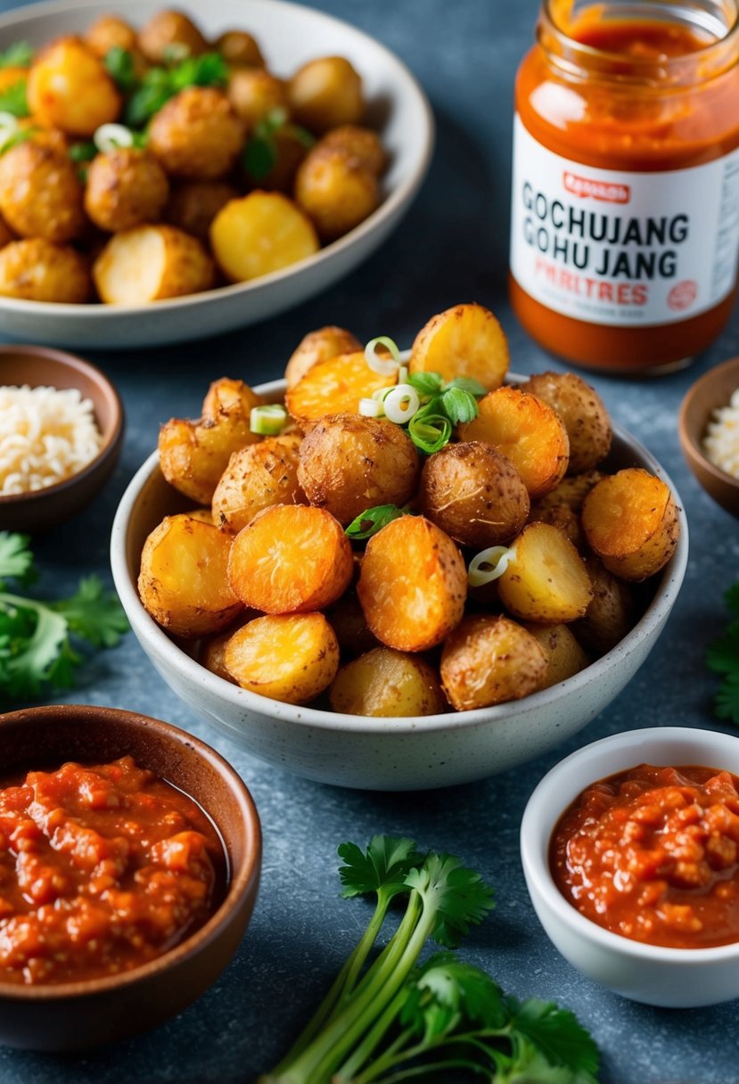 A bowl of crispy Gochujang Potatoes surrounded by fresh ingredients and a jar of Gochujang sauce