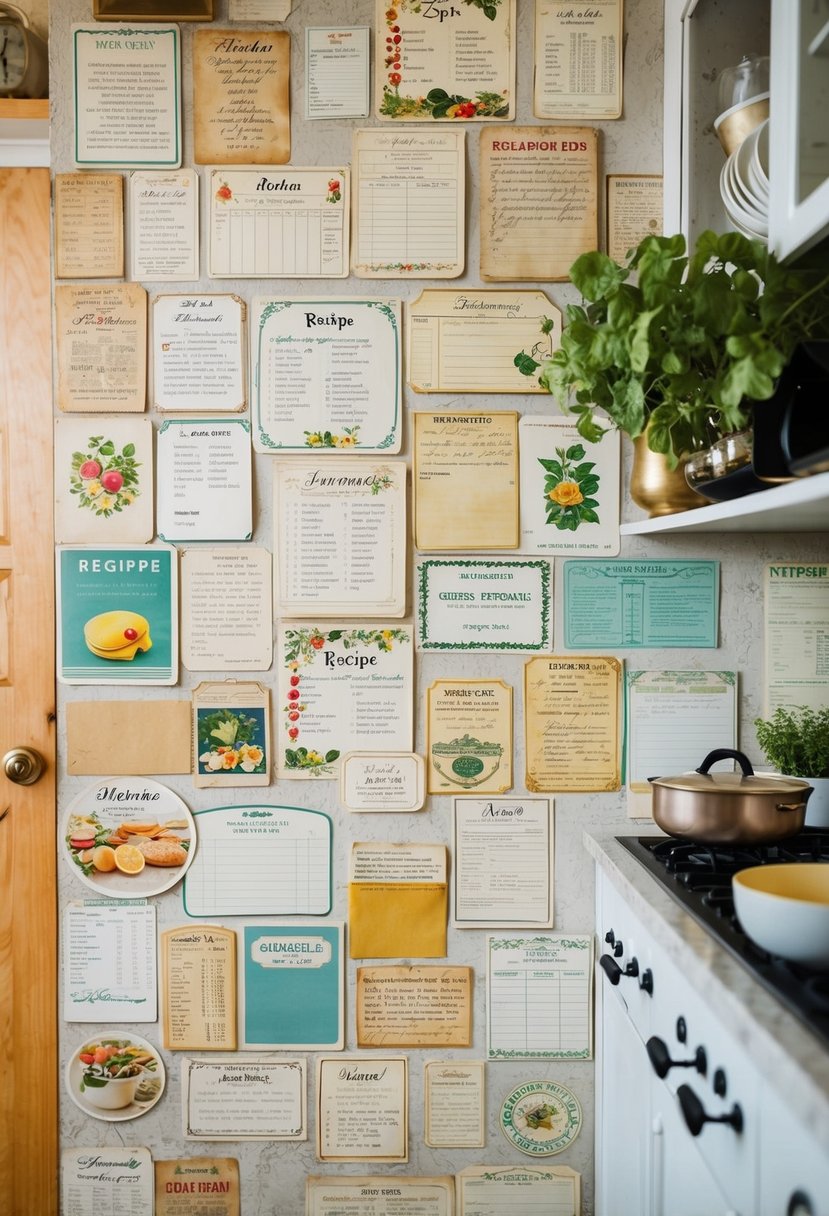 A kitchen wall covered in vintage recipe cards, faded and stained with years of love and use