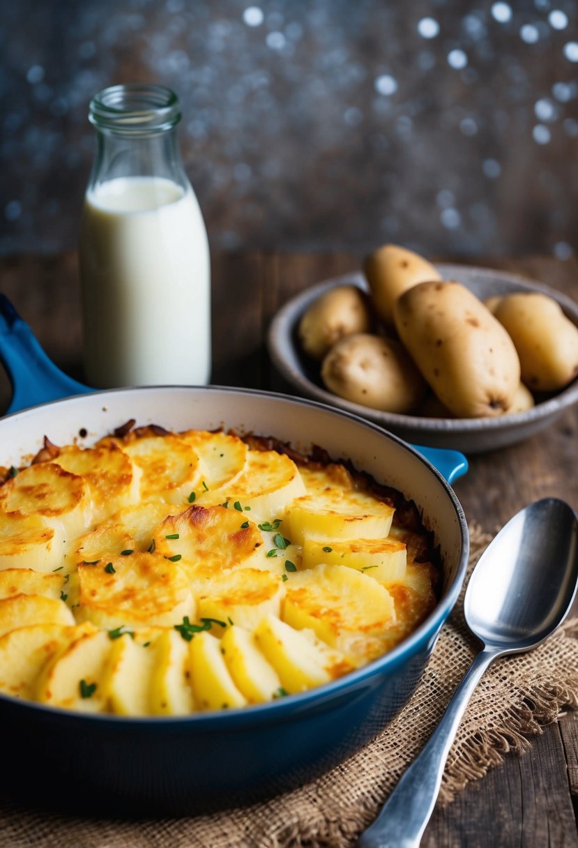 A rustic kitchen with a bubbling casserole dish of vegan scalloped potatoes next to a bottle of almond milk and a pile of fresh potatoes