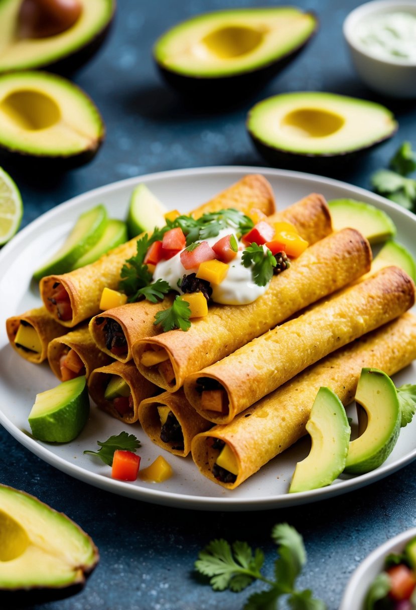 A plate of golden vegan taquitos with colorful vegetable fillings, surrounded by avocado slices and fresh salsa