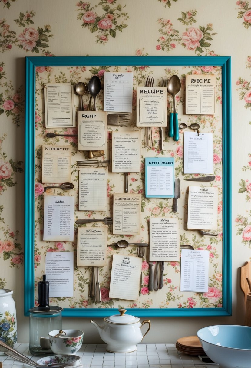 Old recipe cards arranged in a collage on a wall, surrounded by vintage kitchen utensils and framed with floral wallpaper