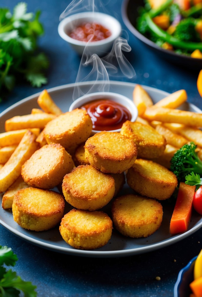 A plate of golden-brown vegan nuggets and fries, steaming hot and surrounded by colorful vegetables