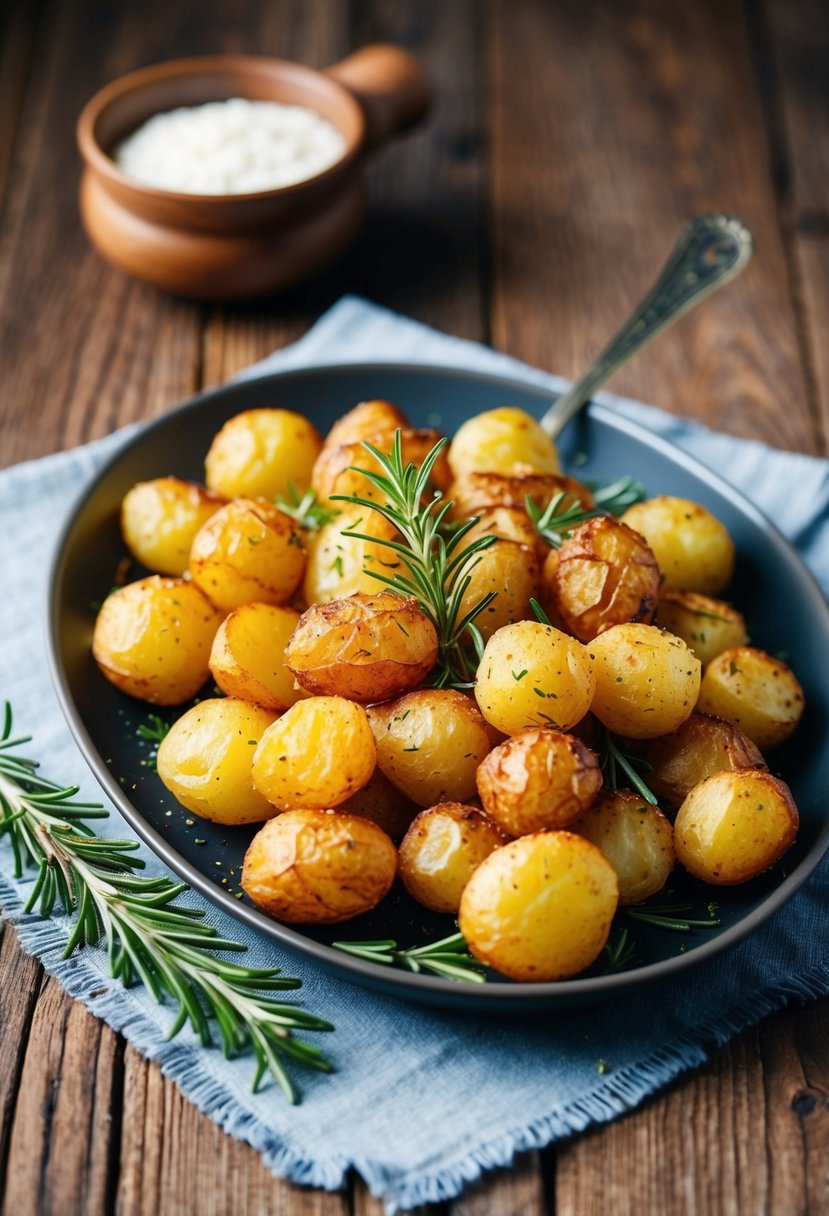 A rustic wooden table with a platter of golden, crispy roast potatoes sprinkled with fresh rosemary