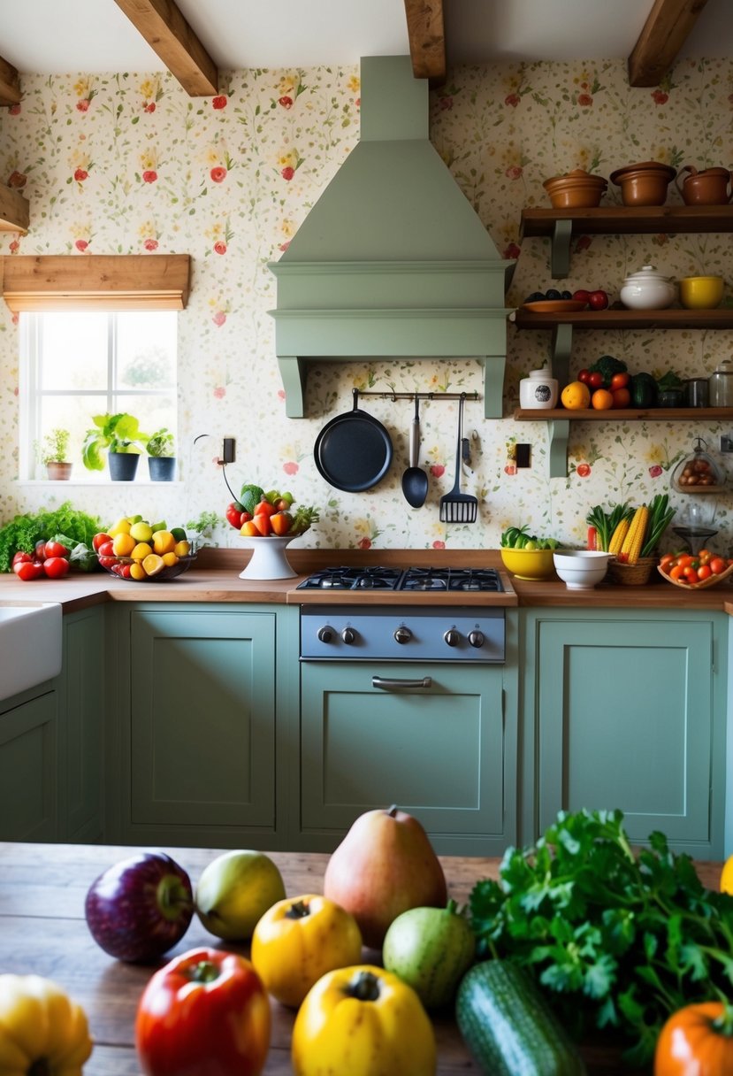 A cozy farmhouse kitchen with colorful fruits and vegetables scattered across a wallpapered background