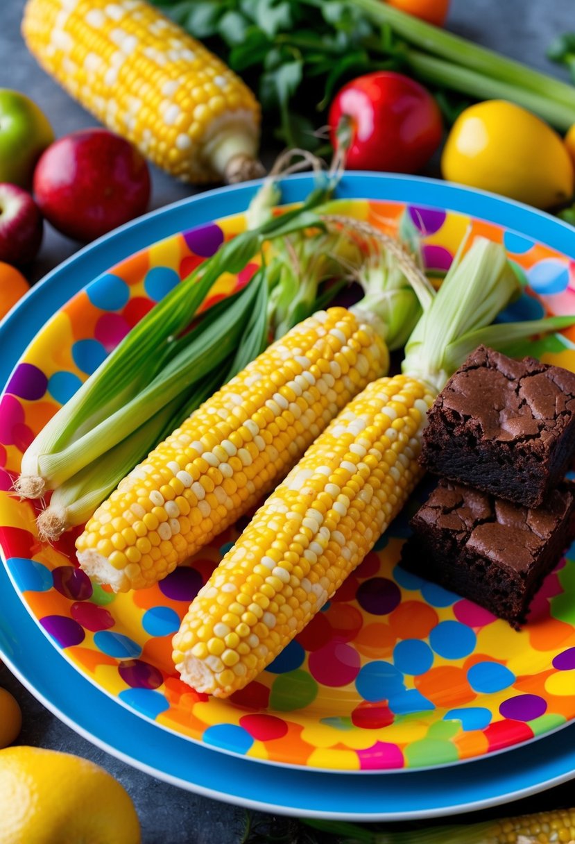 A colorful plate with golden corn on the cob and fudgy brownies, surrounded by vibrant fruits and vegetables