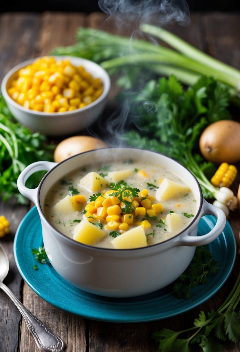 A steaming pot of potato and corn chowder surrounded by fresh vegetables and herbs on a rustic wooden table