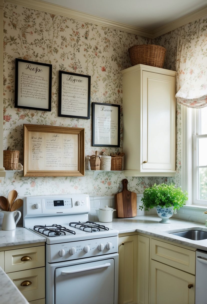 A vintage kitchen with delicate floral wallpaper adorned with elegantly framed handwritten recipes