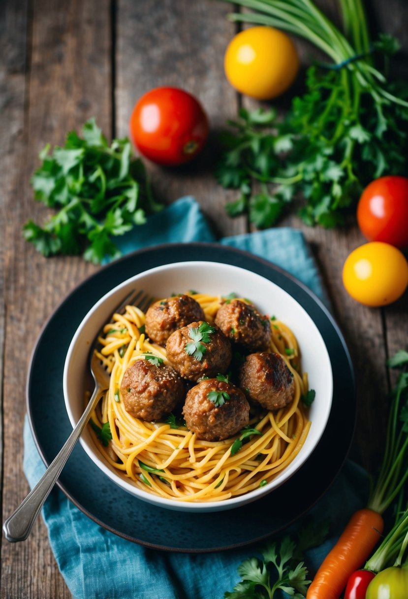 A bowl of vegan spaghetti and meatballs surrounded by colorful vegetables on a rustic wooden table