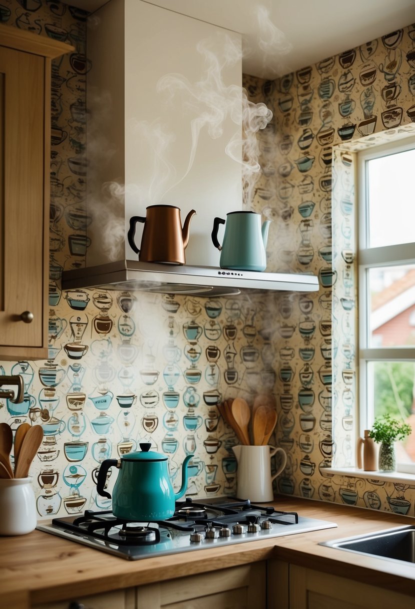 A cozy kitchen with coffee pot wallpaper, steam rising, and whimsical patterns