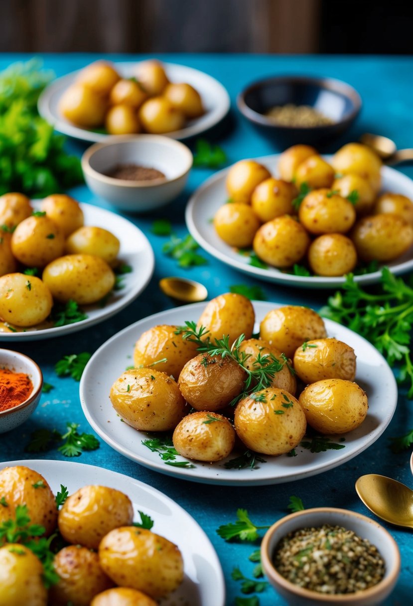 A table spread with Middle Eastern-inspired roasted potatoes, surrounded by vibrant spices and fresh herbs