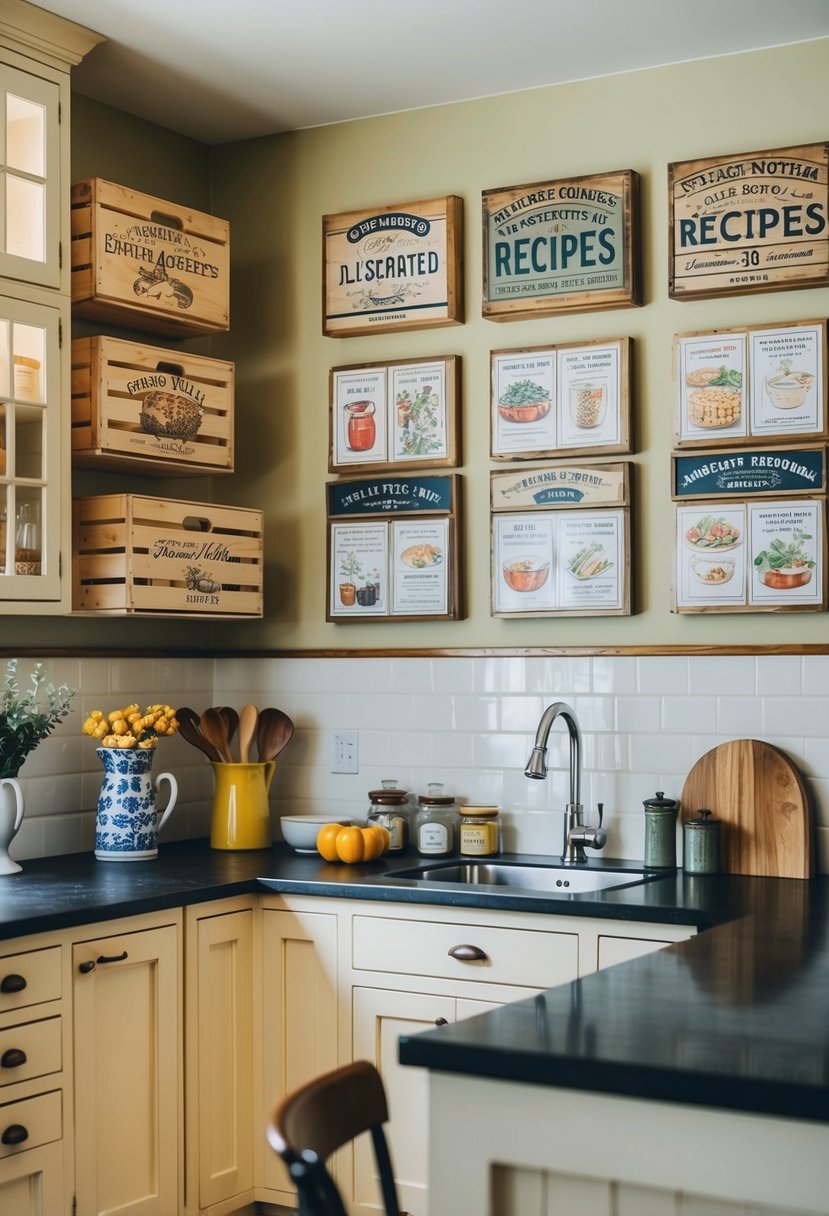 A cozy kitchen with vintage crate designs on the walls, showcasing a collection of illustrated recipes