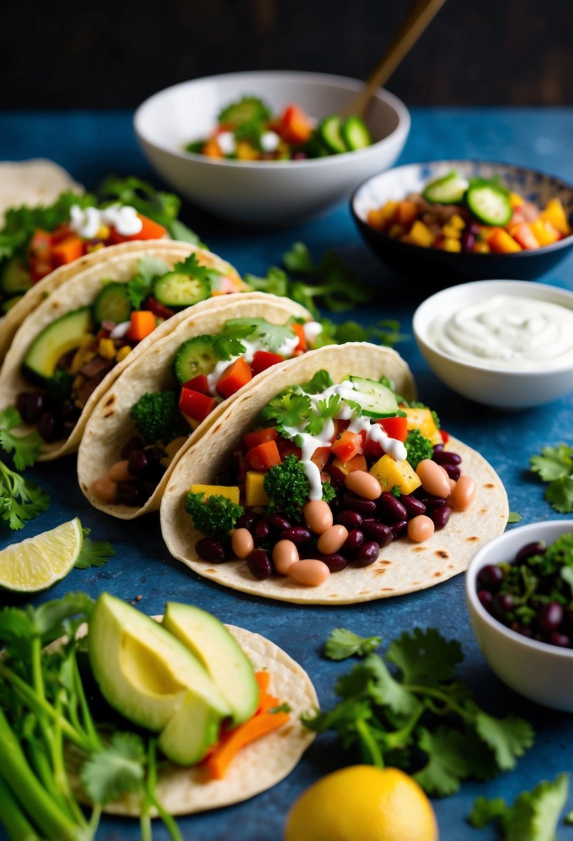 A colorful spread of fresh vegetables, beans, and tortillas, with a variety of toppings and sauces, ready to be assembled into delicious vegan tacos