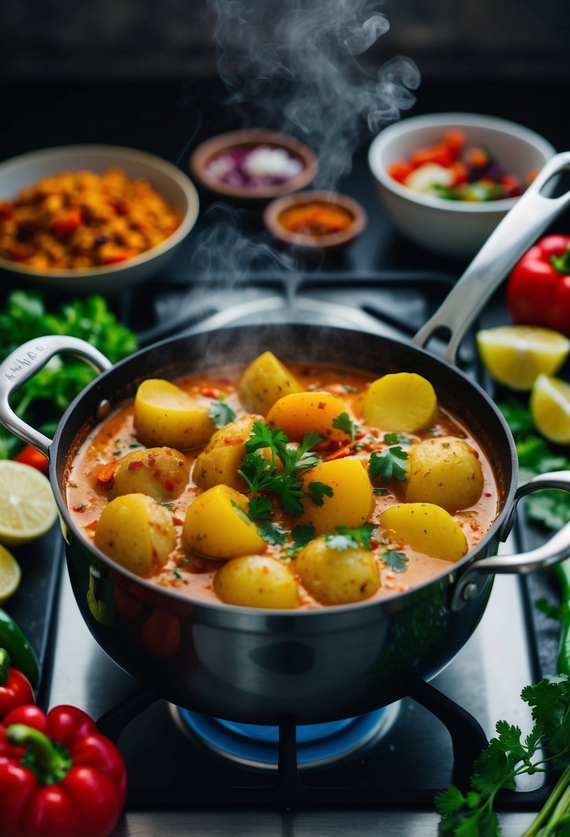 A steaming pot of spicy vegan potato curry simmering on a stove, surrounded by vibrant vegetables and aromatic spices