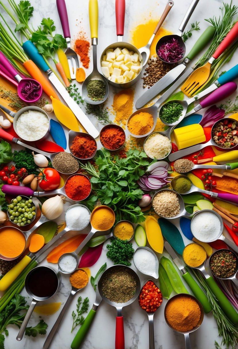 A colorful array of ingredients and cooking utensils arranged in a dynamic pattern, with splashes of vibrant spices and herbs