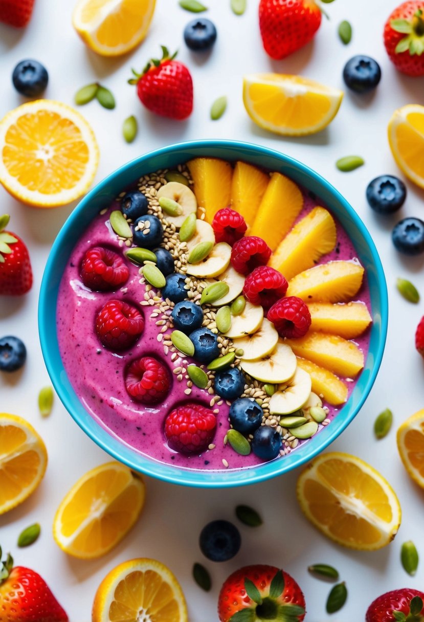 A colorful fruit smoothie bowl surrounded by fresh berries and sliced fruits, topped with seeds and nuts, set against a bright background