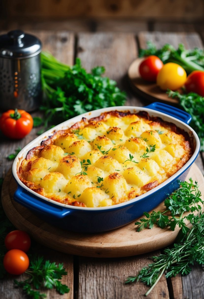 A rustic kitchen with a wooden table holding a golden-brown, bubbling potato gratin in a ceramic dish, surrounded by fresh herbs and colorful vegetables