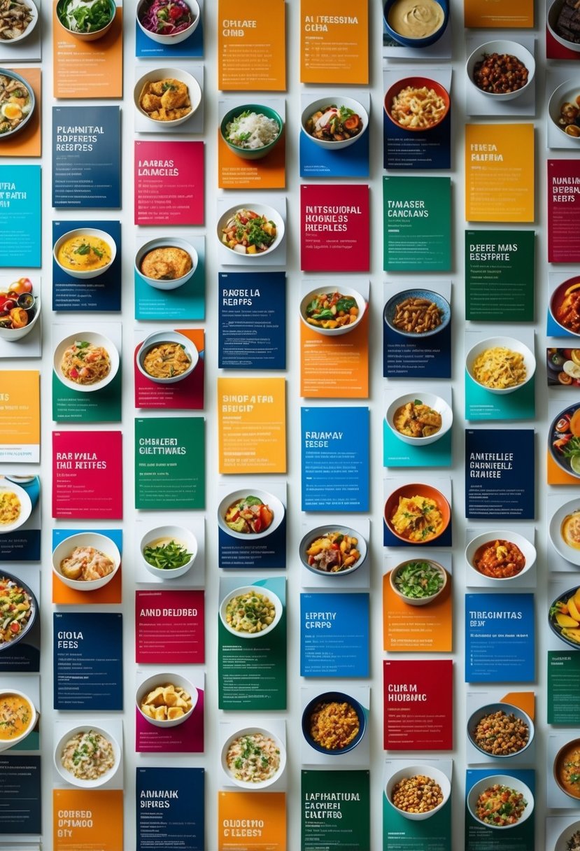 A colorful array of international cuisine recipes displayed in a gallery-style arrangement on the wallpaper