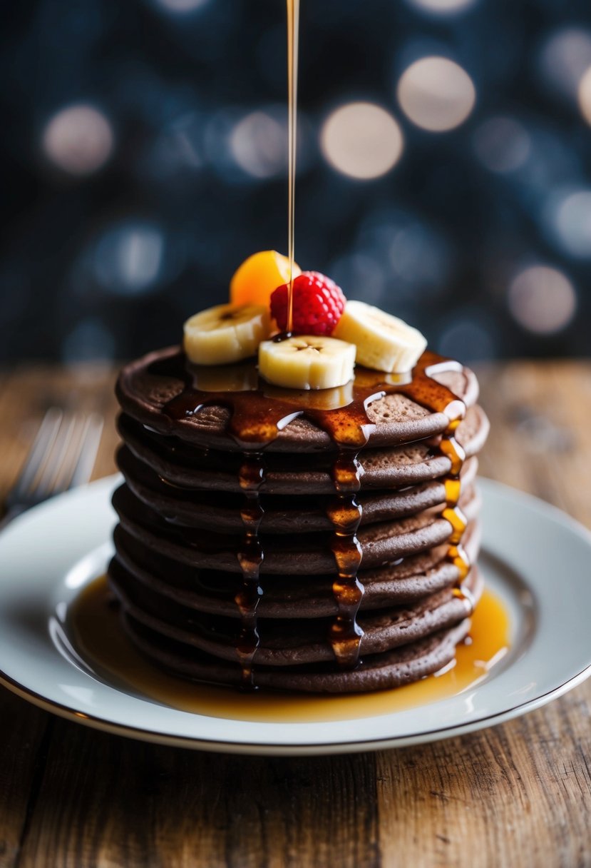 A stack of chocolate banana pancakes topped with fresh fruit and drizzled with syrup on a plate