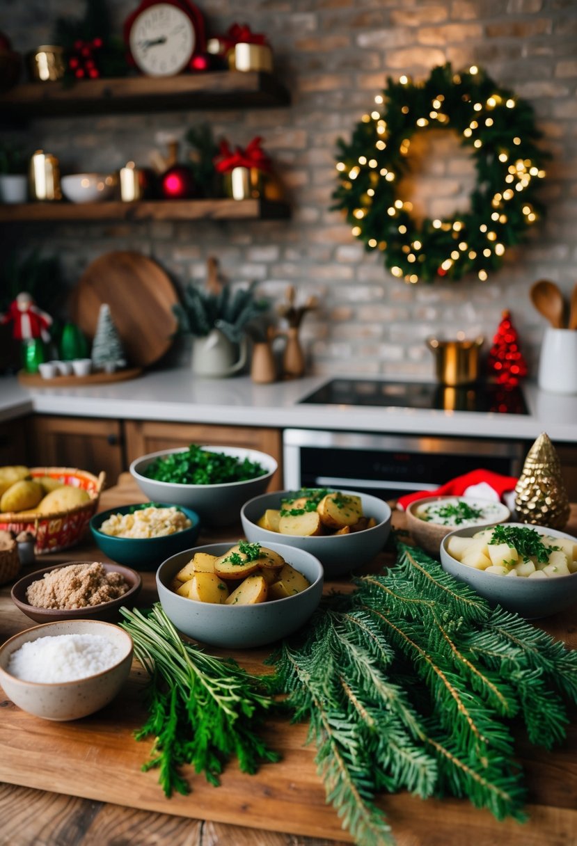 A rustic kitchen counter with a spread of fresh New Mexican Christmas greens and vegan potato ingredients, surrounded by festive holiday decor