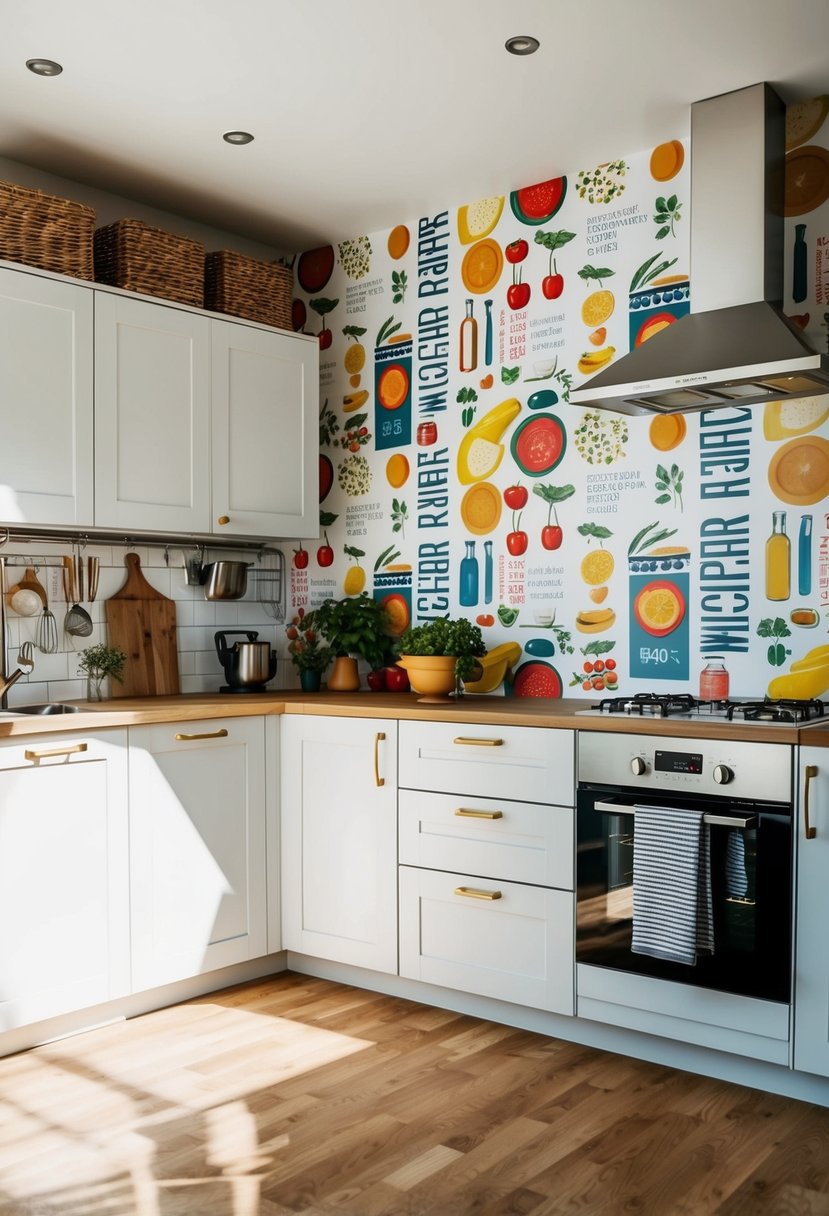 A modern kitchen with vinyl wallpaper featuring large, colorful recipe illustrations