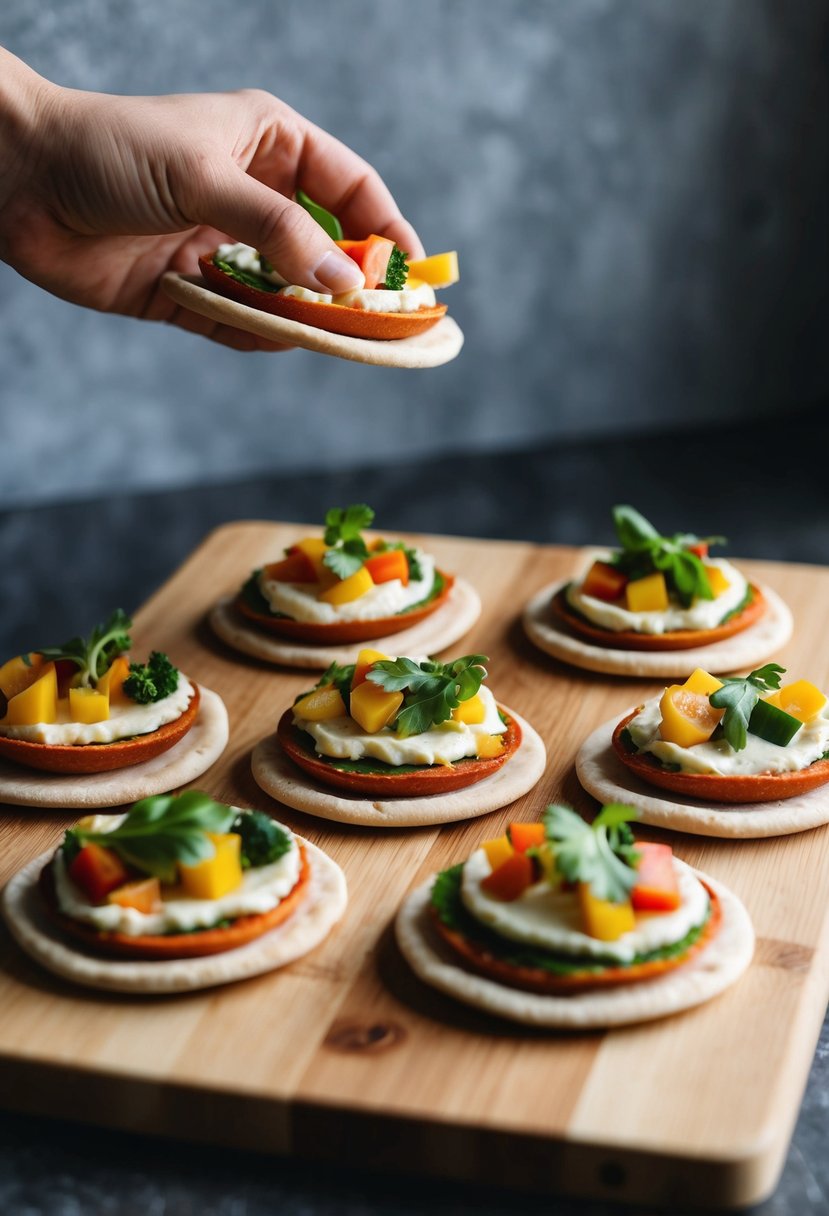 Mini vegan pita pizzas being assembled on a wooden cutting board with colorful vegetables and plant-based cheese as toppings