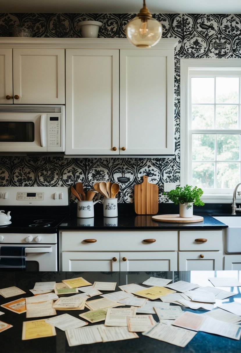 A vintage kitchen with black and white wallpaper featuring old and new recipe cards scattered on the counter