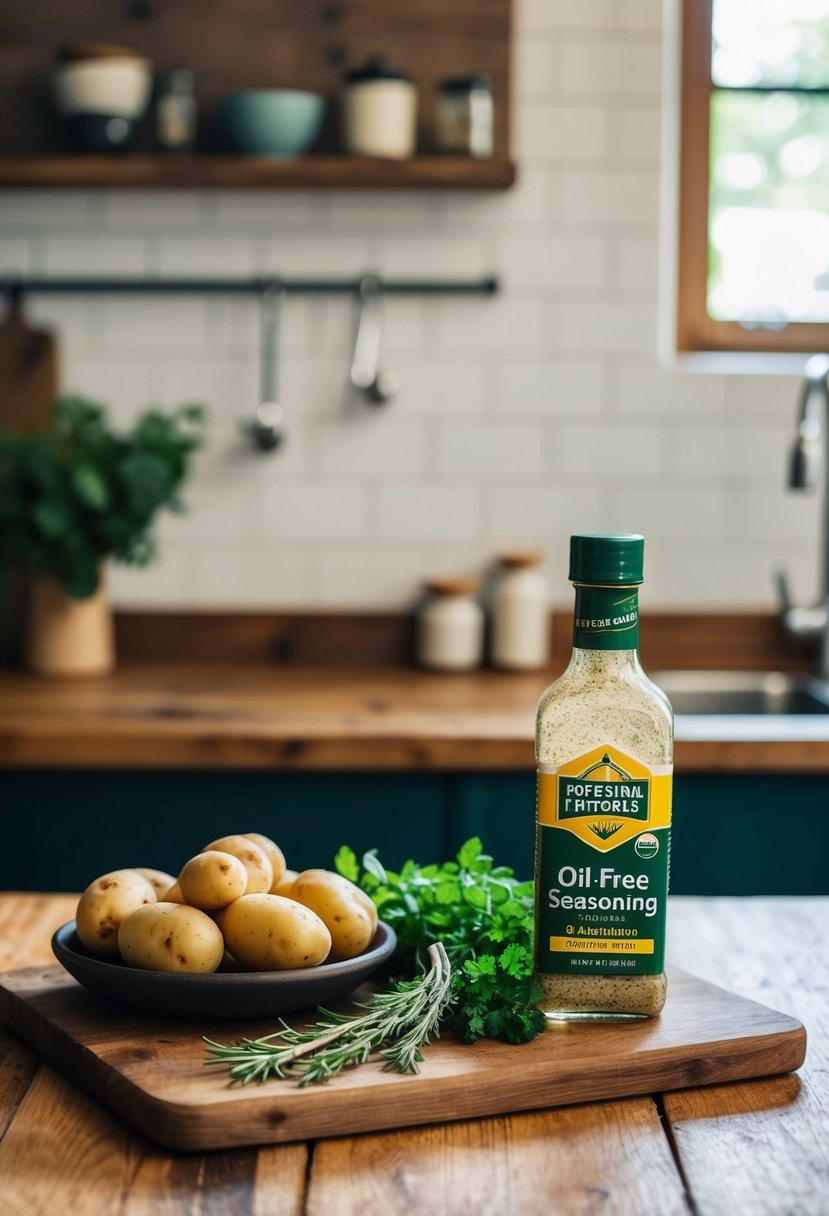 A rustic kitchen counter with fresh potatoes, herbs, and a bottle of oil-free seasoning