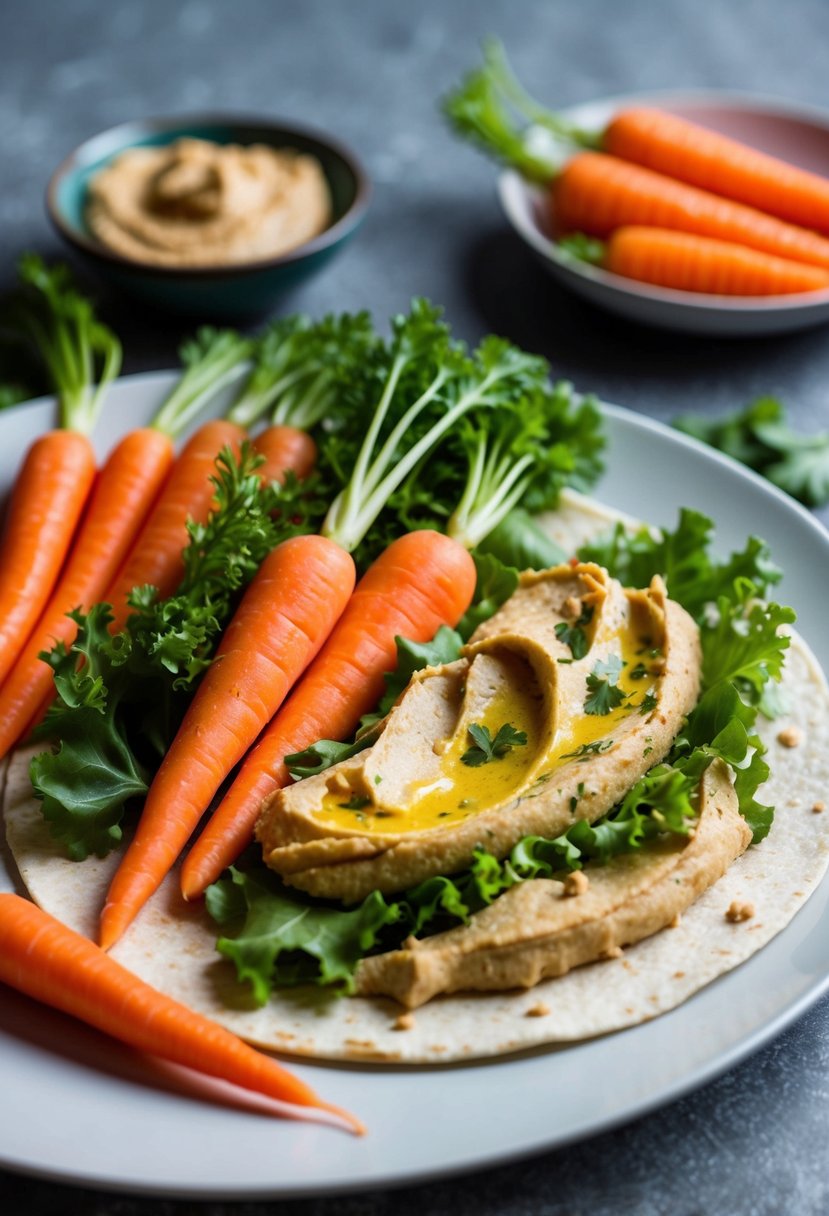 A colorful array of fresh carrots, vibrant green lettuce, and creamy hummus spread on a soft tortilla, ready to be rolled into a delicious vegan wrap