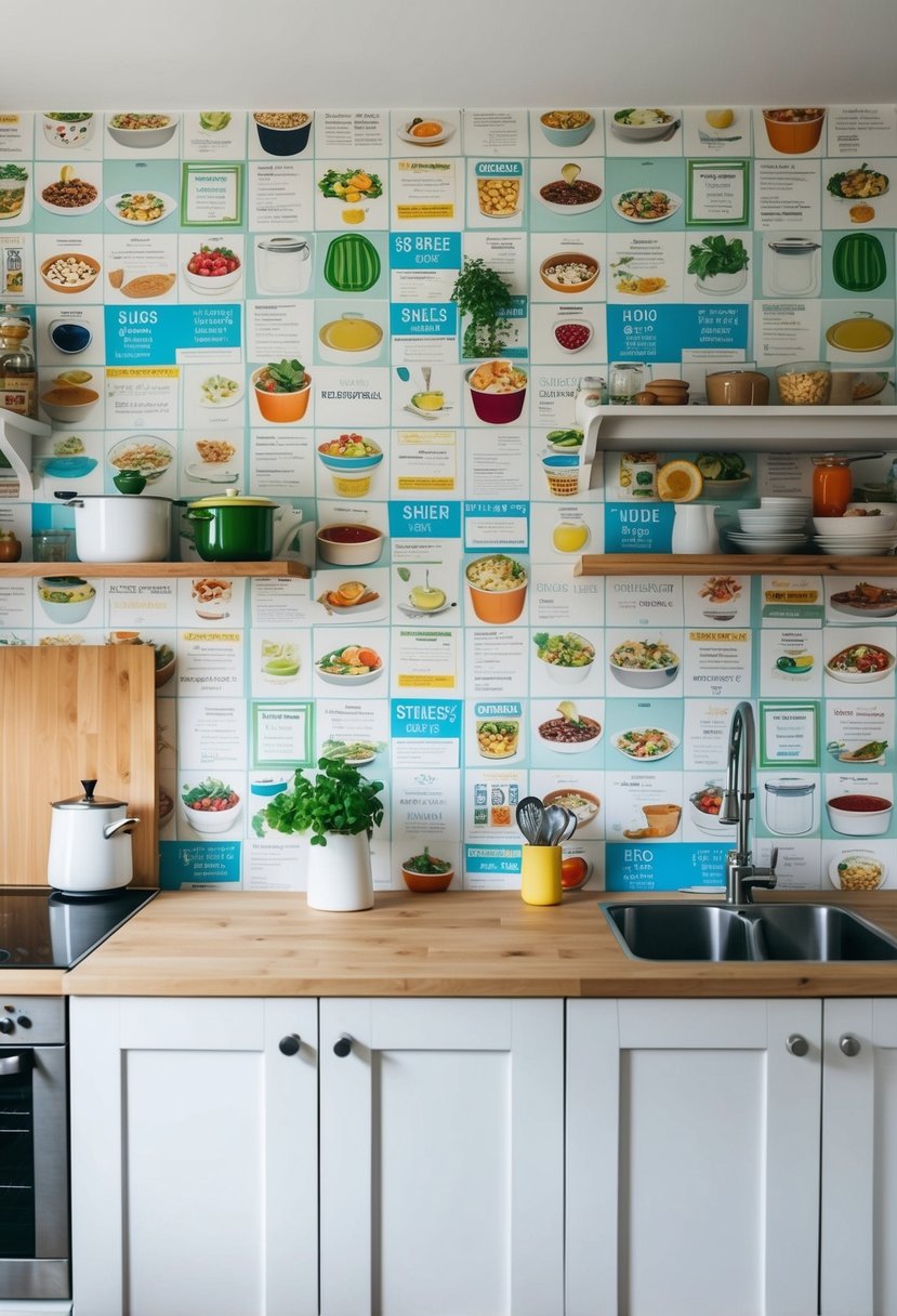 A kitchen wall covered in colorful peel-and-stick wallpaper adorned with various recipe illustrations, from soups to desserts