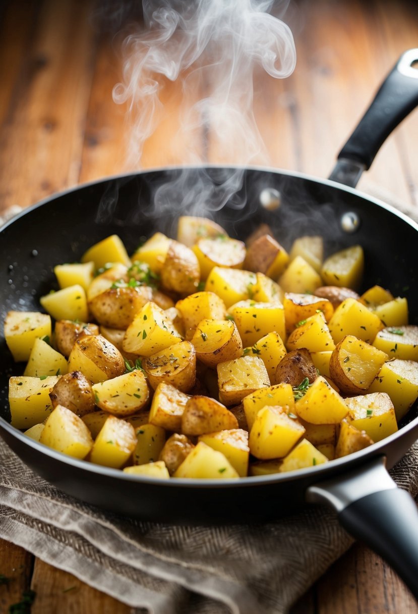 Golden-brown diced potatoes sizzling in a skillet, seasoned with herbs and spices, steam rising from the pan