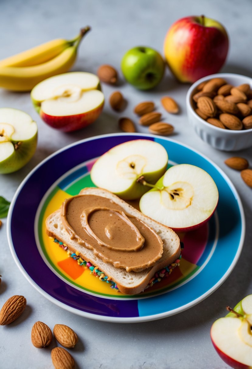 A colorful plate with a sliced apple and almond butter sandwich, surrounded by fresh fruits and nuts