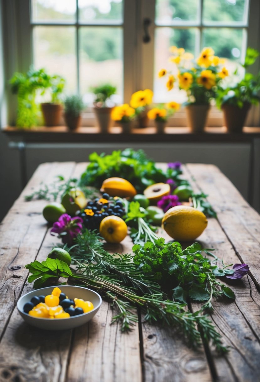 A rustic wooden table with scattered fresh herbs, fruits, and flowers, surrounded by natural light streaming through a window