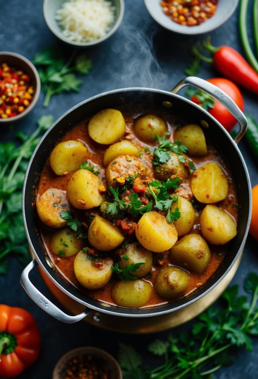 A steaming pot of spiced potato curry surrounded by vibrant vegetables and herbs