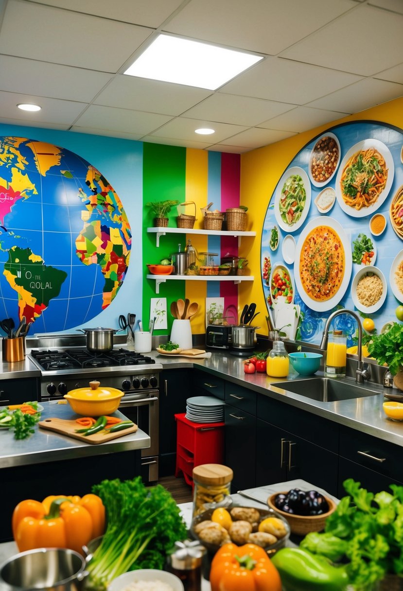 A vibrant kitchen scene with various cultural cooking utensils and ingredients, surrounded by colorful murals depicting global dishes